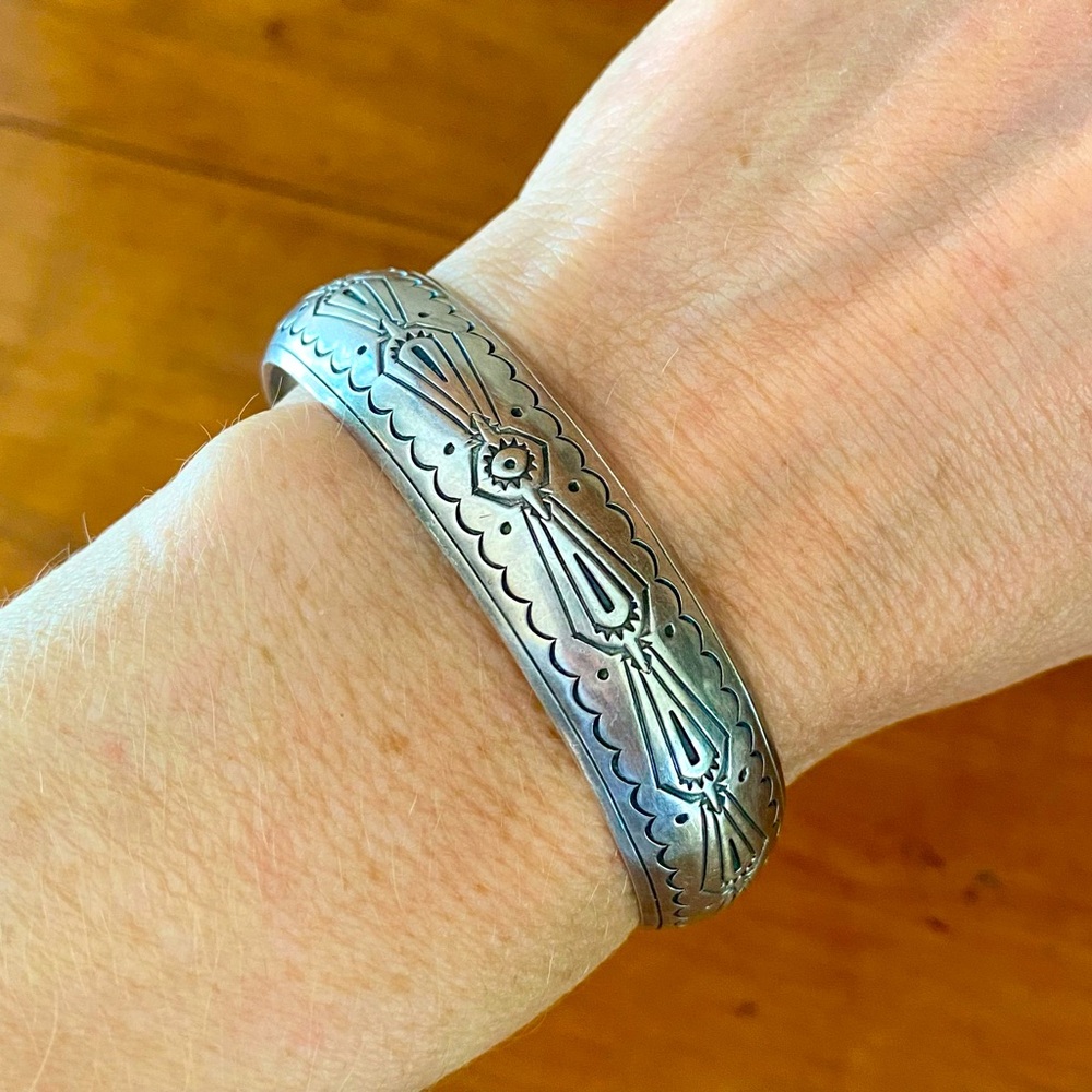 Vintage Joe Delgarito Navajo Sterling Silver Stamped Cuff Bracelet size 6.5”